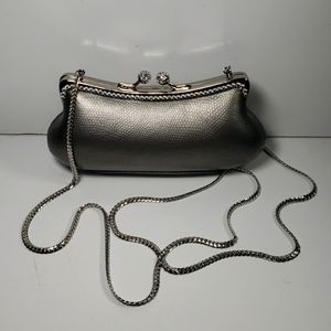 VTG J Tiras Matte Gray Champagne Gem Embellished Small Evening Purse Snake Chain